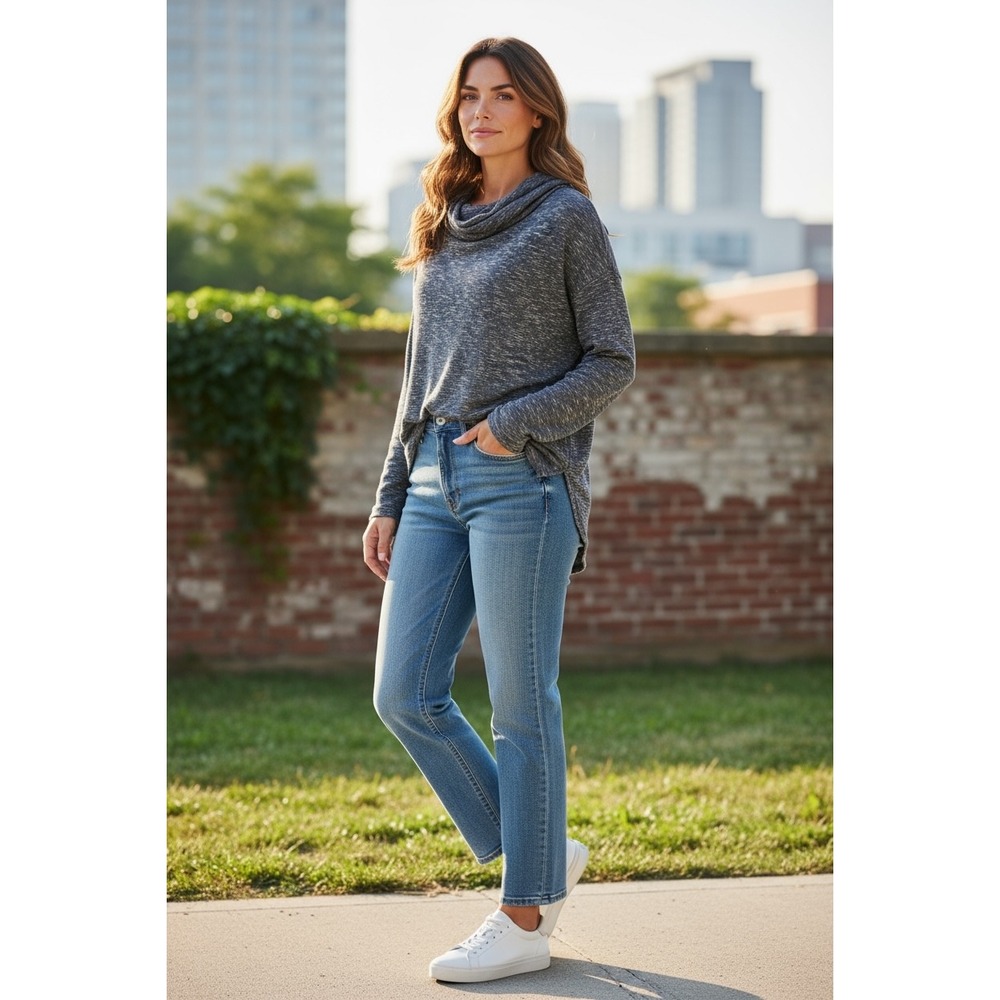 Gaiam Lounge Knit Cowl Neck Tunic Top Gray Speckled Long Sleeve XL